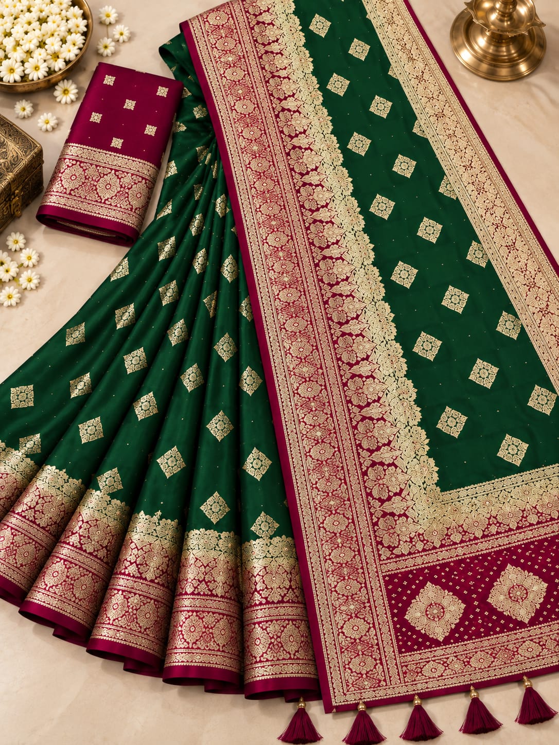 Morpankh Rani Banarasi Silk Saree Green