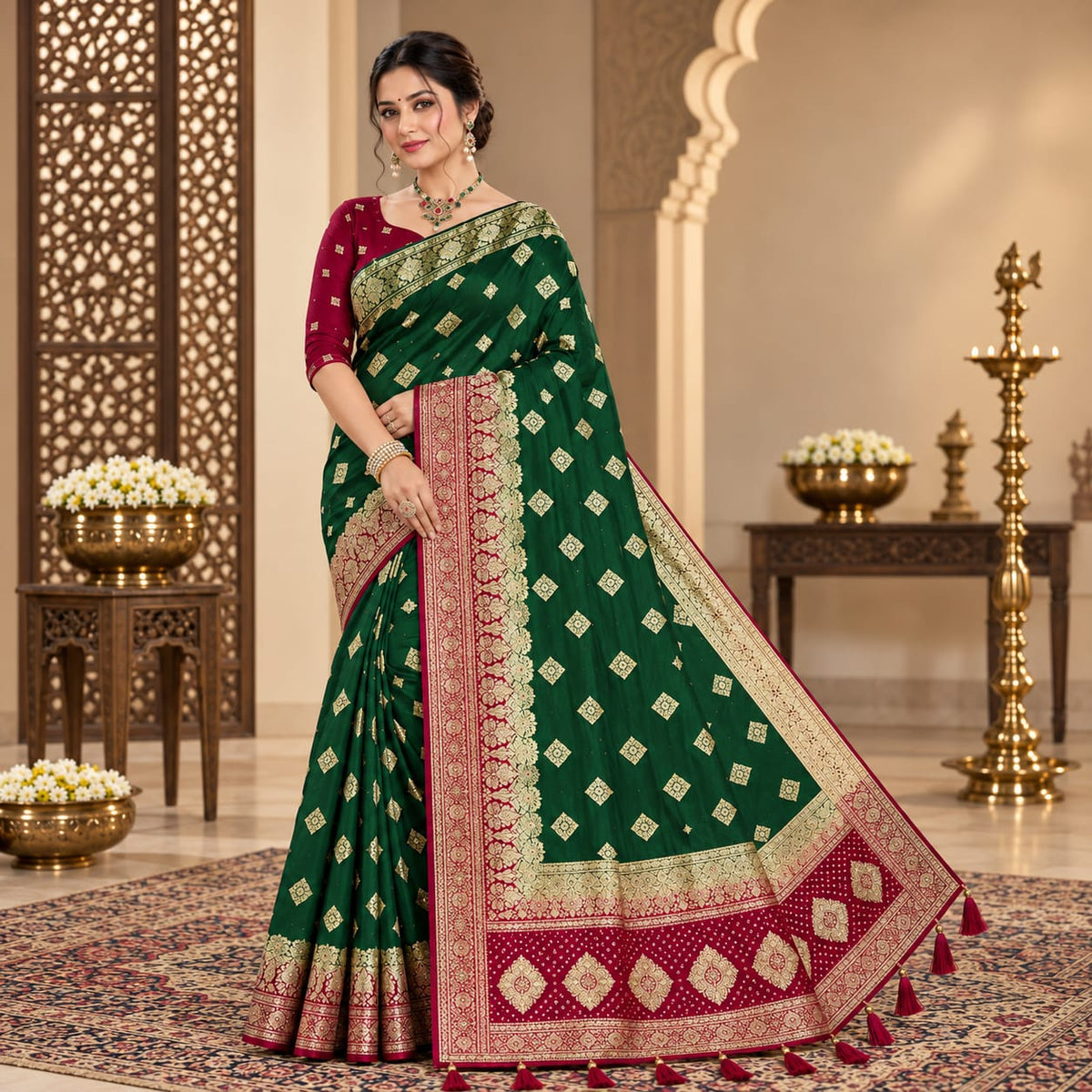 Morpankh Rani Banarasi Silk Saree Green