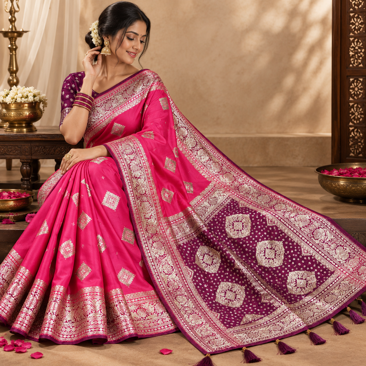 Morpankh Rani Banarasi Silk Saree  Pink