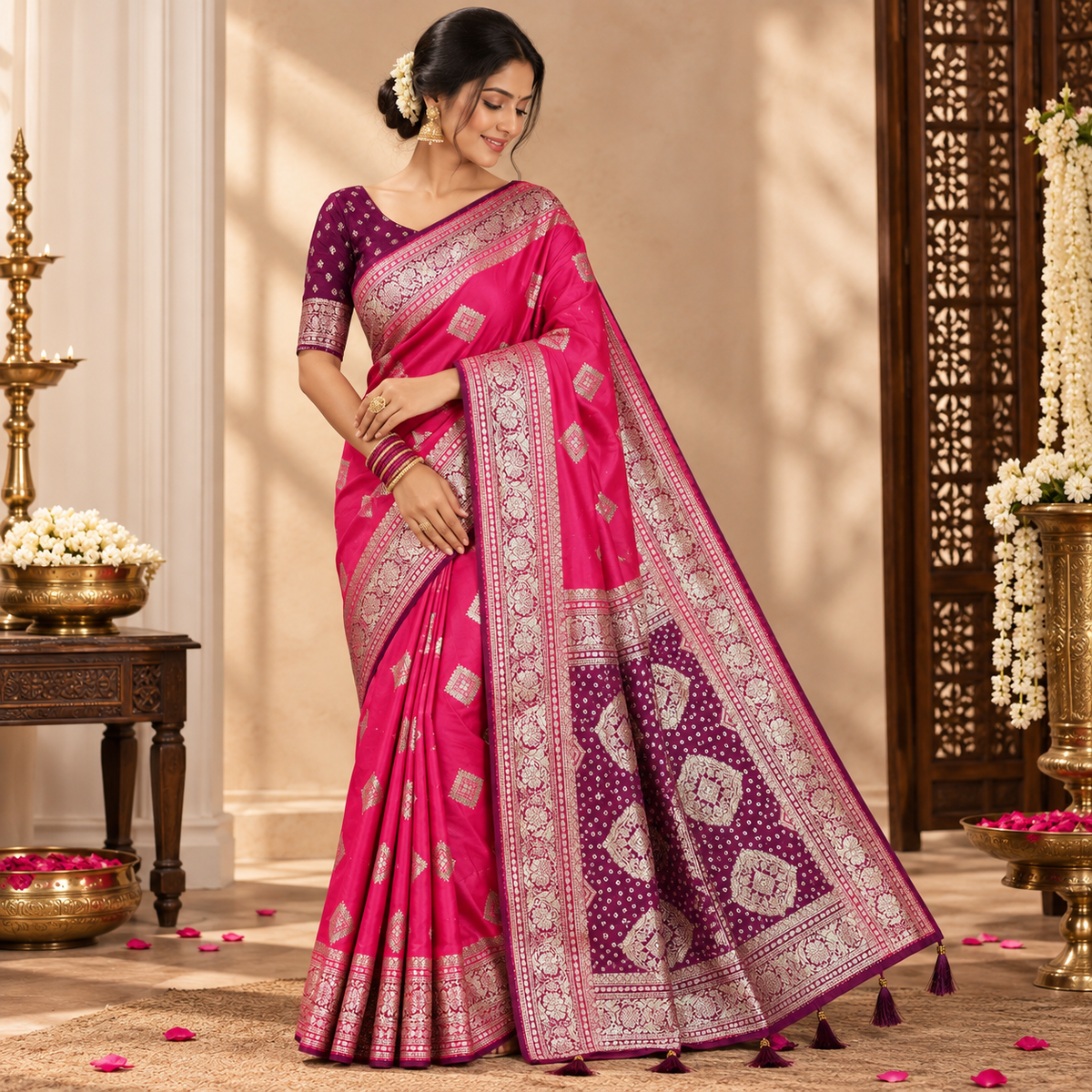 Morpankh Rani Banarasi Silk Saree  Pink