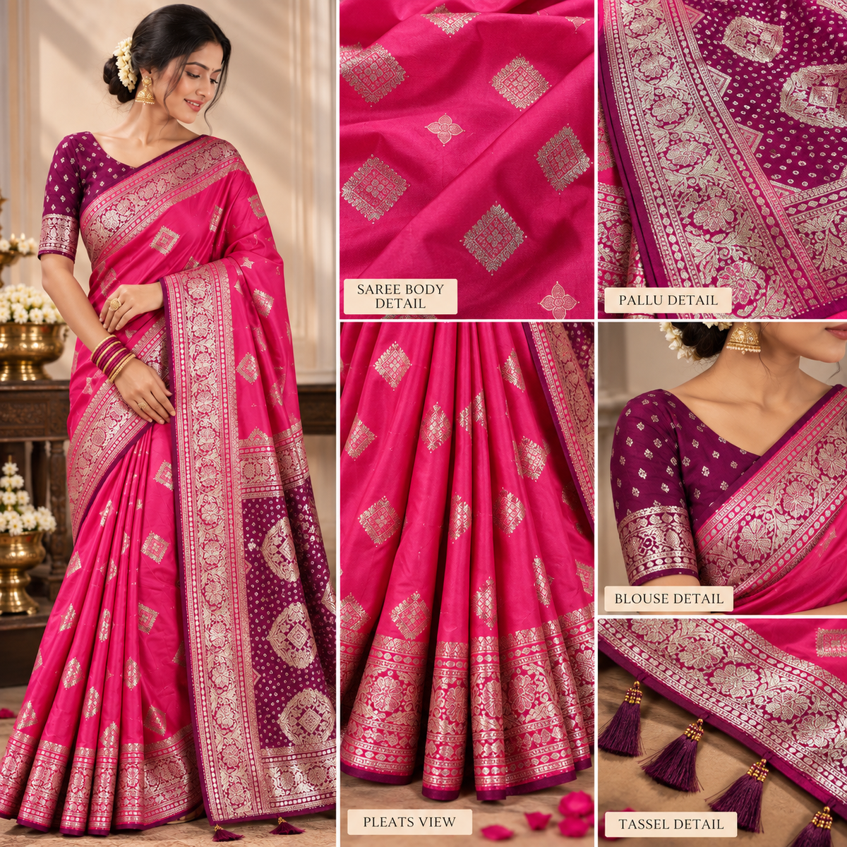Morpankh Rani Banarasi Silk Saree  Pink